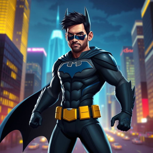 A unique character design that blends elements of Lionel Messi and Batman