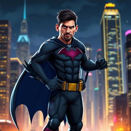 A unique character design that blends elements of Lionel Messi and Batman