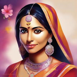 A high-quality digital art of a traditional Indian woman, elegantly dressed in a vibrant sari, her hair adorned with flowers