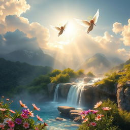 A breathtaking view of a heavenly landscape, featuring fluffy white clouds bathed in golden sunlight, soft rays filtering through the clouds