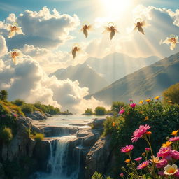 A breathtaking view of a heavenly landscape, featuring fluffy white clouds bathed in golden sunlight, soft rays filtering through the clouds