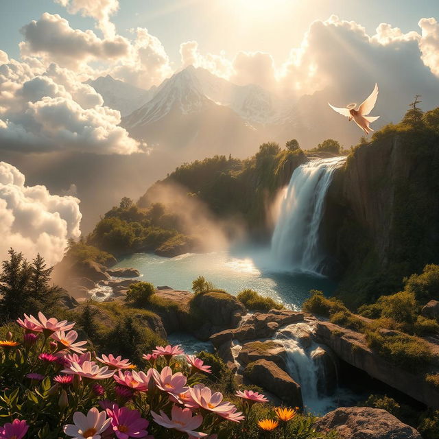 A breathtaking view of a heavenly landscape, featuring fluffy white clouds bathed in golden sunlight, soft rays filtering through the clouds