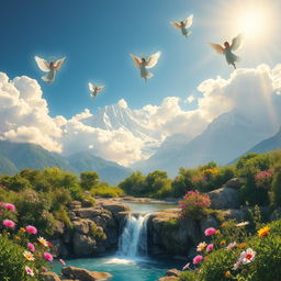 A breathtaking view of a heavenly landscape, featuring fluffy white clouds bathed in golden sunlight, soft rays filtering through the clouds