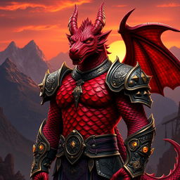 A fierce Dragonborn character with a striking red body, standing tall and proud