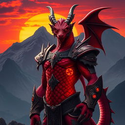 A fierce Dragonborn character with a striking red body, standing tall and proud