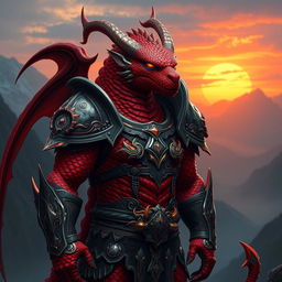 A fierce Dragonborn character with a striking red body, standing tall and proud