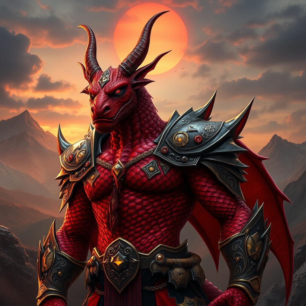A fierce Dragonborn character with a striking red body, standing tall and proud