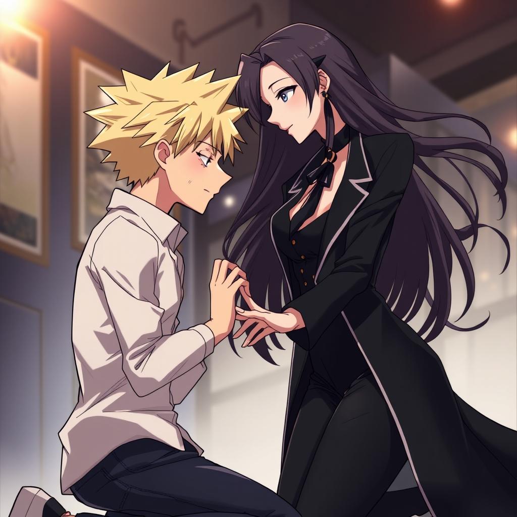 A dynamic and emotional scene featuring Denji bowing down and gently kissing Makima's hand
