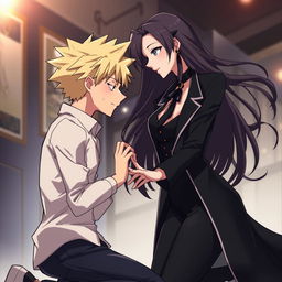 A dynamic and emotional scene featuring Denji bowing down and gently kissing Makima's hand