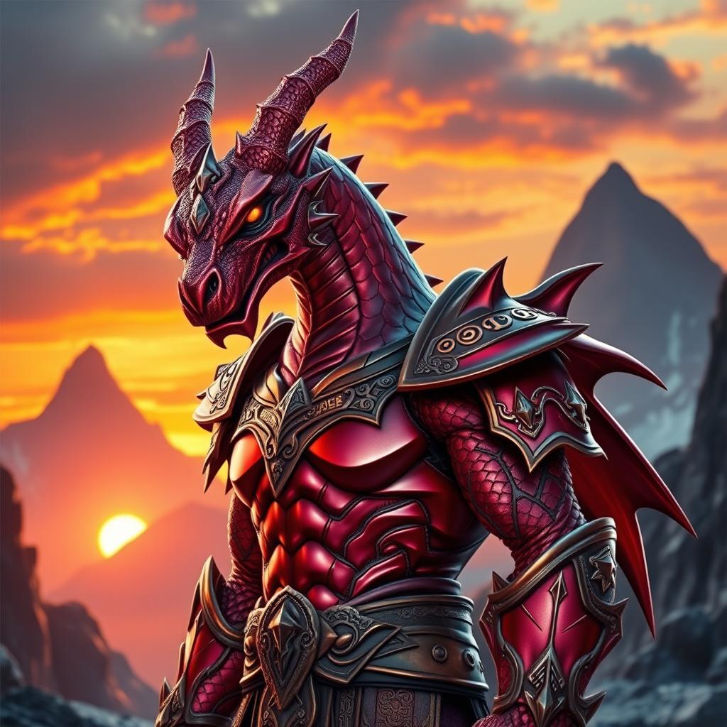 A fierce Dragonborn character with a striking metallic red body, showcasing a glossy, reflective finish that catches the light dramatically