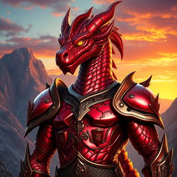 A fierce Dragonborn character with a striking metallic red body, showcasing a glossy, reflective finish that catches the light dramatically