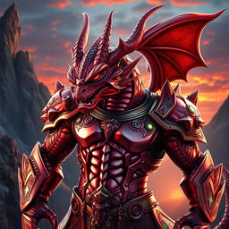A fierce Dragonborn character with a striking metallic red body, showcasing a glossy, reflective finish that catches the light dramatically