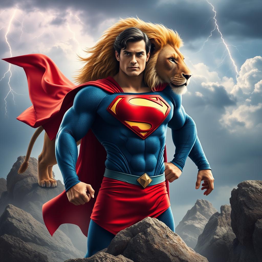 A creative fusion of Superman and a lion, showcasing Superman displaying his iconic blue and red costume while confidently standing on a rocky landscape