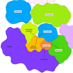 A color-coded map illustrating various networks of power relations, featuring distinct areas representing political ties in blue, economic connections in green, cultural networks in orange, and kinship ties in purple