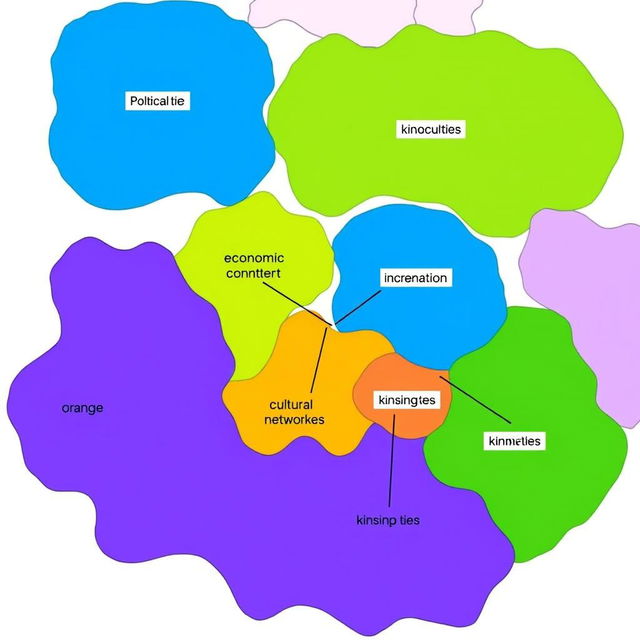 A color-coded map illustrating various networks of power relations, featuring distinct areas representing political ties in blue, economic connections in green, cultural networks in orange, and kinship ties in purple