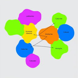 A color-coded map illustrating various networks of power relations, featuring distinct areas representing political ties in blue, economic connections in green, cultural networks in orange, and kinship ties in purple