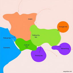 A color-coded map illustrating various networks of power relations, featuring distinct areas representing political ties in blue, economic connections in green, cultural networks in orange, and kinship ties in purple