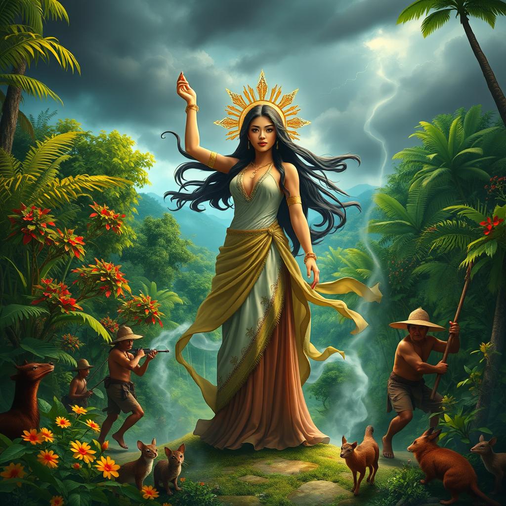 A beautiful woman embodying Maria Makiling, dressed in traditional Filipino attire, stands majestically in a lush forest