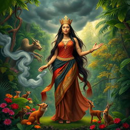 A beautiful woman embodying Maria Makiling, dressed in traditional Filipino attire, stands majestically in a lush forest
