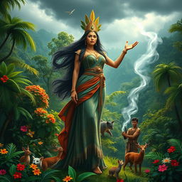 A beautiful woman embodying Maria Makiling, dressed in traditional Filipino attire, stands majestically in a lush forest