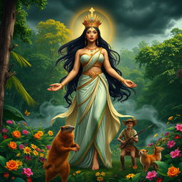 A beautiful woman embodying Maria Makiling, dressed in traditional Filipino attire, stands majestically in a lush forest