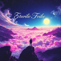 A vibrant and eye-catching album cover featuring a mystical landscape