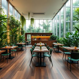 A cozy and minimal vegetarian restaurant interior featuring atrium walls filled with lush green plants and large glass panels
