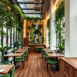 A cozy and minimal vegetarian restaurant interior featuring atrium walls filled with lush green plants and large glass panels