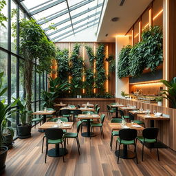 A cozy and minimal vegetarian restaurant interior featuring atrium walls filled with lush green plants and large glass panels