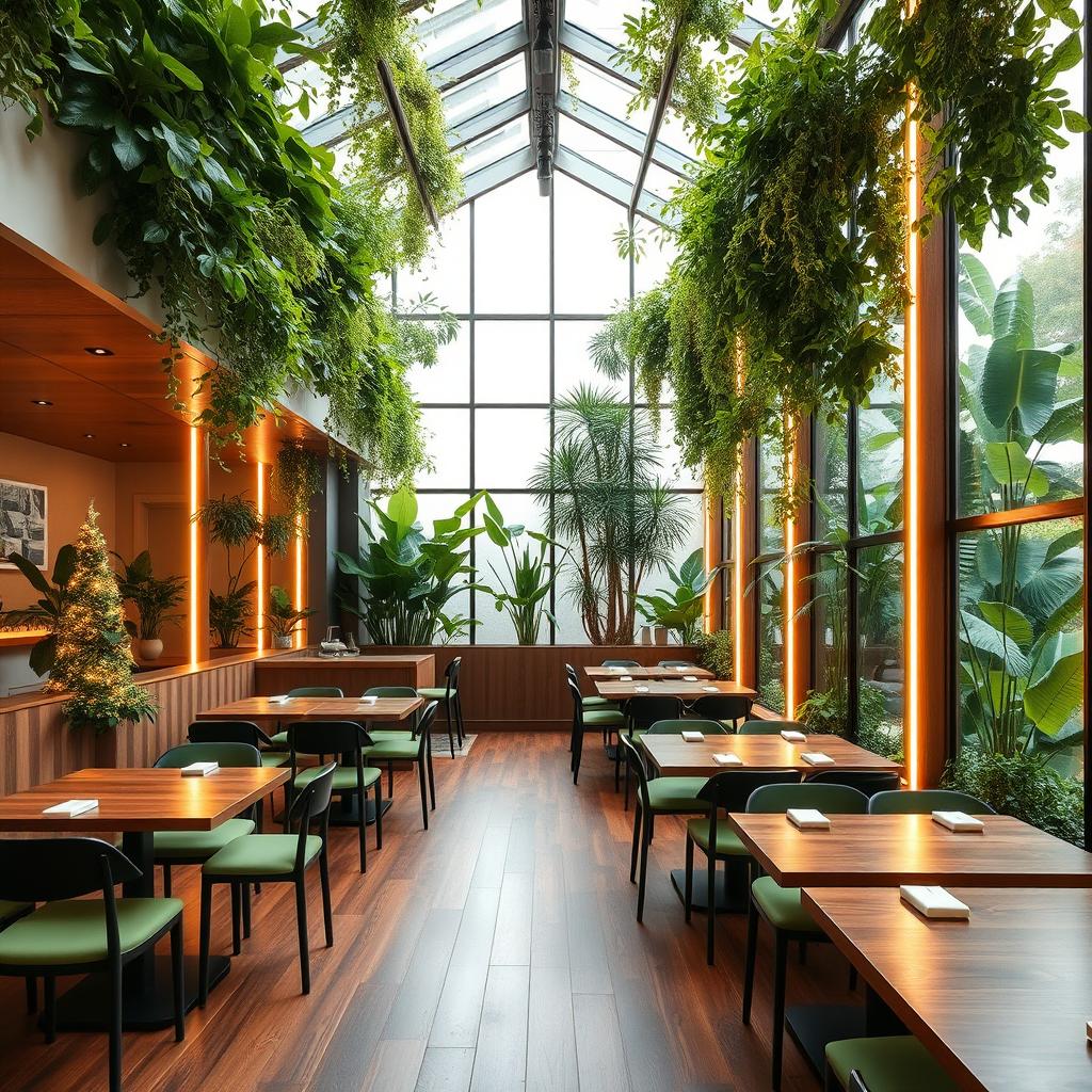 A cozy and minimal vegetarian restaurant interior featuring atrium walls filled with lush green plants and large glass panels