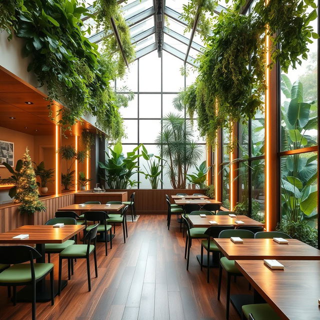 A cozy and minimal vegetarian restaurant interior featuring atrium walls filled with lush green plants and large glass panels