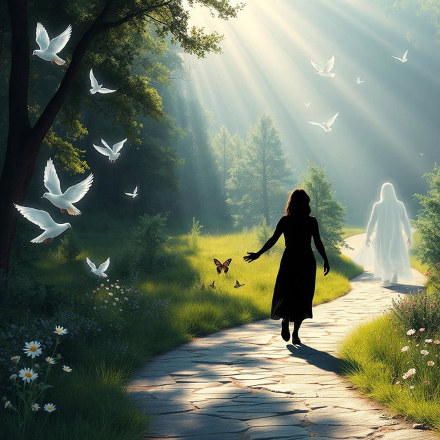 A beautiful and serene landscape representing a spiritual journey, featuring a winding path through a lush forest with rays of sunlight streaming through the trees