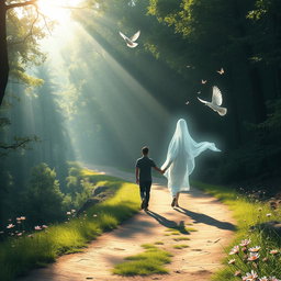 A beautiful and serene landscape representing a spiritual journey, featuring a winding path through a lush forest with rays of sunlight streaming through the trees