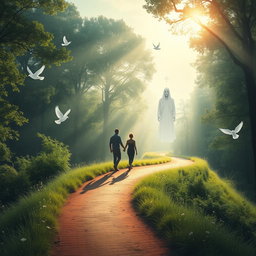 A beautiful and serene landscape representing a spiritual journey, featuring a winding path through a lush forest with rays of sunlight streaming through the trees