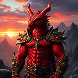 A fierce Dragonborn character with a vibrant red body, designed with intricate scales that shimmer in a range of deep crimson and ruby tones