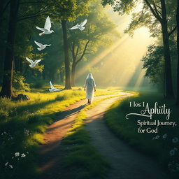 A beautiful and serene landscape representing a spiritual journey, featuring a winding path through a lush forest with rays of sunlight streaming through the trees