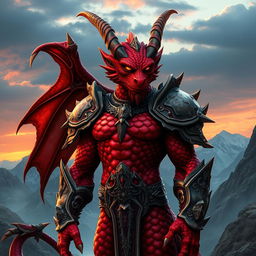 A fierce Dragonborn character with a vibrant red body, designed with intricate scales that shimmer in a range of deep crimson and ruby tones