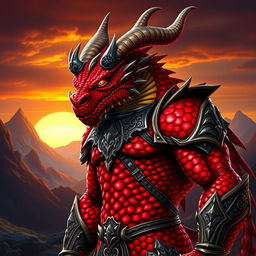 A fierce Dragonborn character with a vibrant red body, designed with intricate scales that shimmer in a range of deep crimson and ruby tones