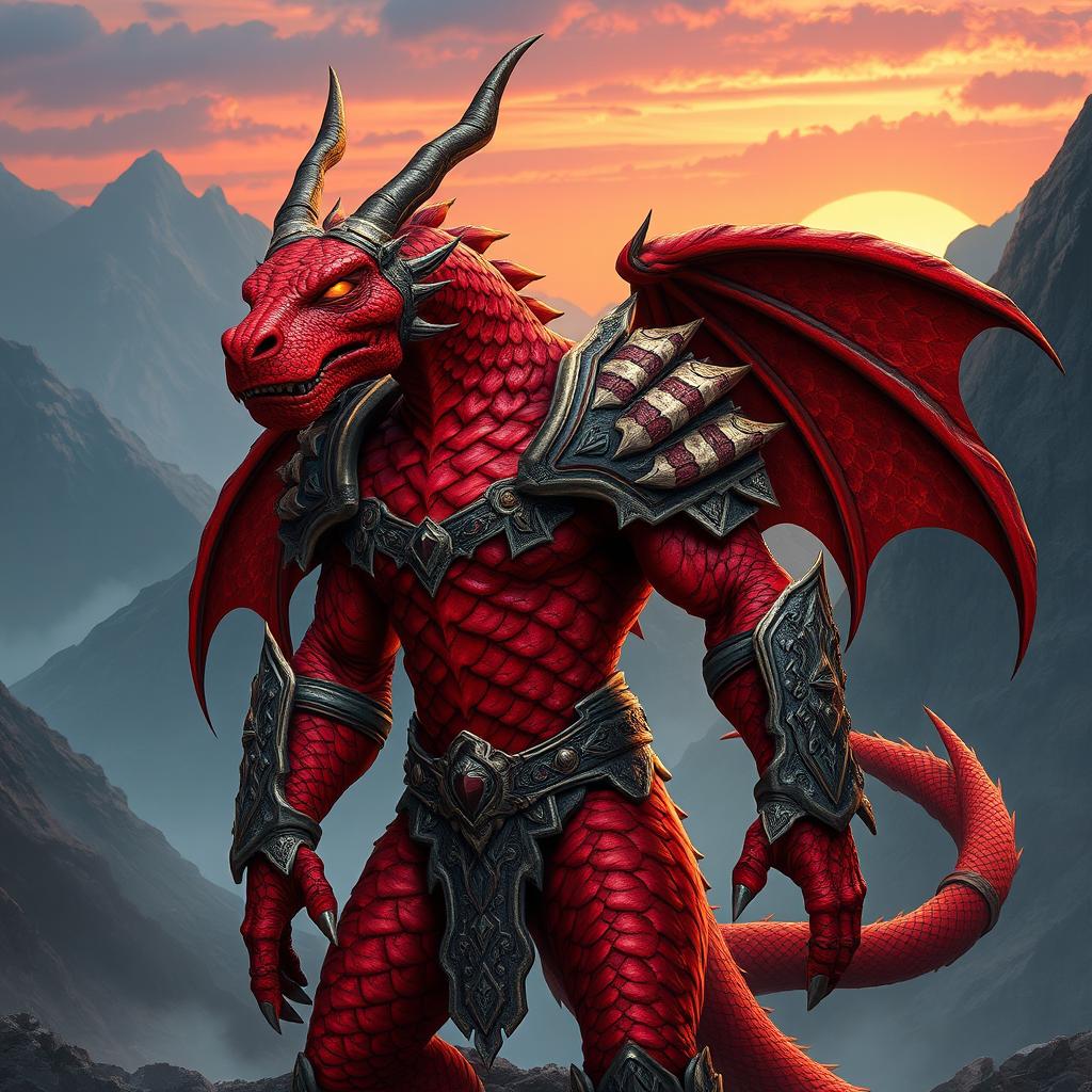 A fierce Dragonborn character with a vibrant red body, designed with intricate scales that shimmer in a range of deep crimson and ruby tones