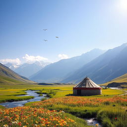 A serene landscape of Tajikistan showcasing the majestic Pamir Mountains in the background, sweeping green valleys filled with wildflowers in the foreground, under a clear blue sky