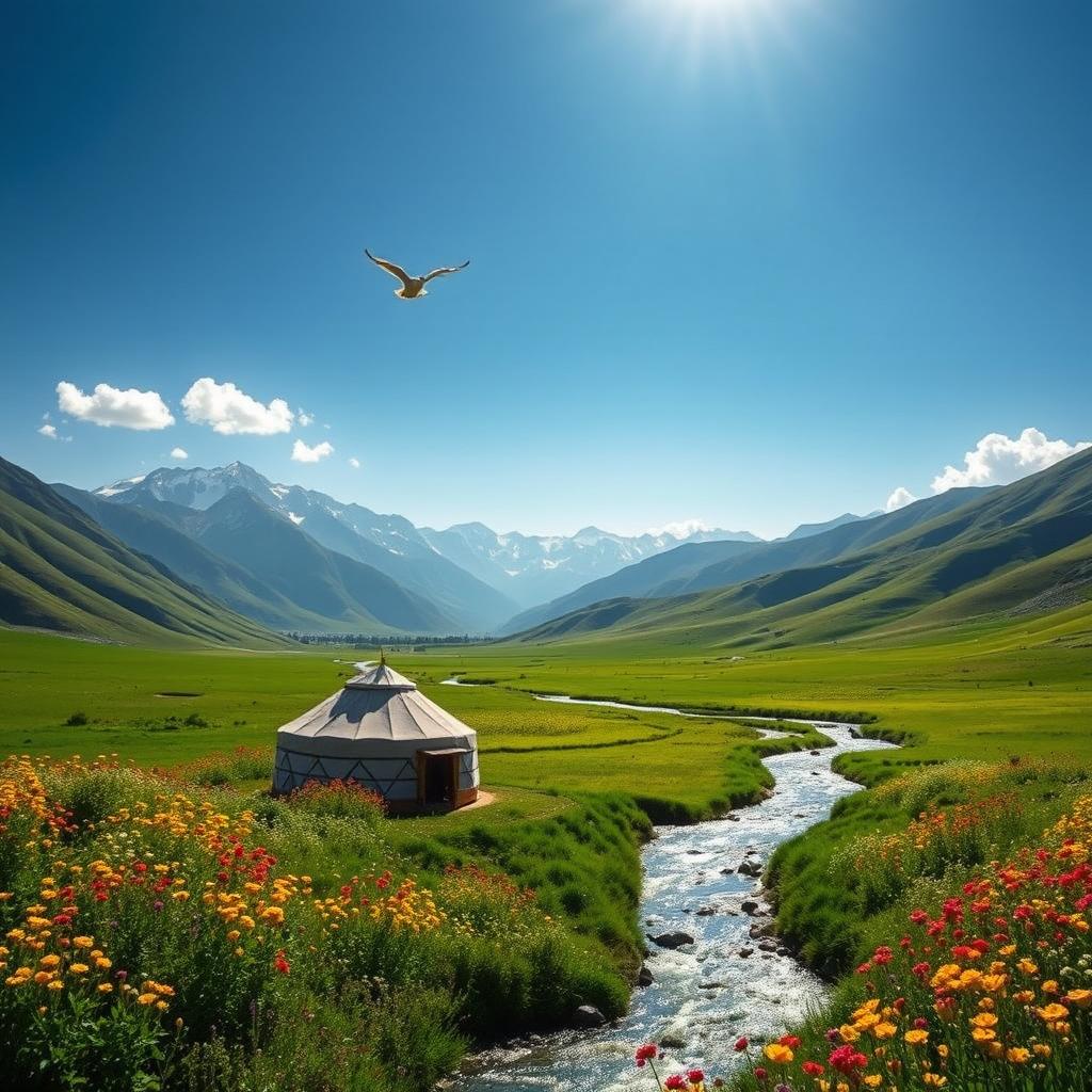 A serene landscape of Tajikistan showcasing the majestic Pamir Mountains in the background, sweeping green valleys filled with wildflowers in the foreground, under a clear blue sky