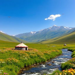A serene landscape of Tajikistan showcasing the majestic Pamir Mountains in the background, sweeping green valleys filled with wildflowers in the foreground, under a clear blue sky