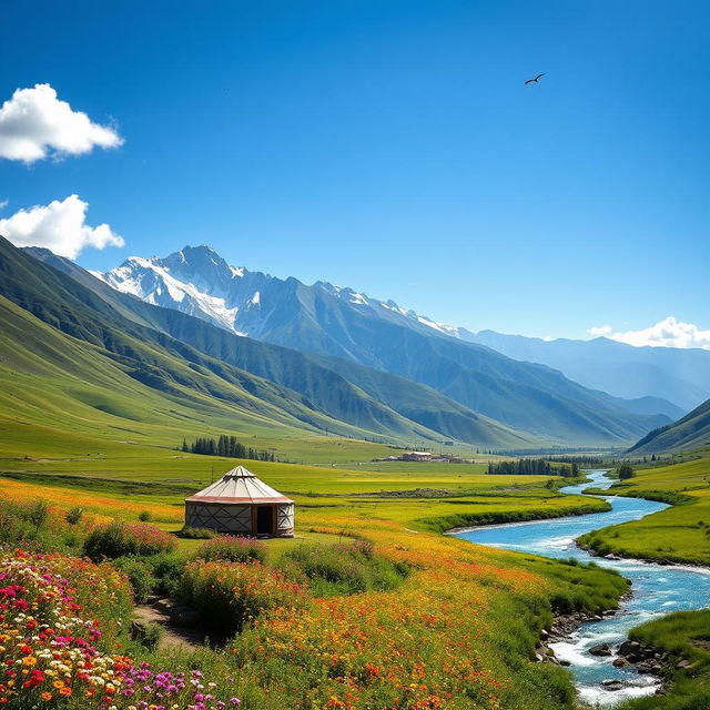 A serene landscape of Tajikistan showcasing the majestic Pamir Mountains in the background, sweeping green valleys filled with wildflowers in the foreground, under a clear blue sky