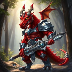A magnificent dragonborn character with vibrant red scales, standing proudly in a heroic pose