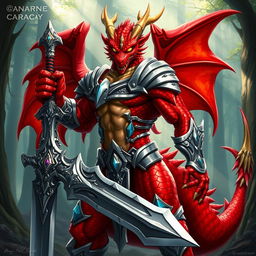 A magnificent dragonborn character with vibrant red scales, standing proudly in a heroic pose