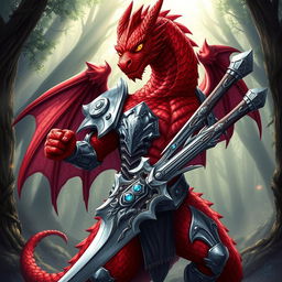 A magnificent dragonborn character with vibrant red scales, standing proudly in a heroic pose