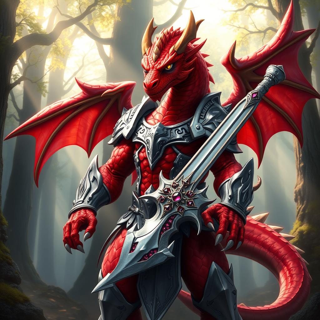 A magnificent dragonborn character with vibrant red scales, standing proudly in a heroic pose