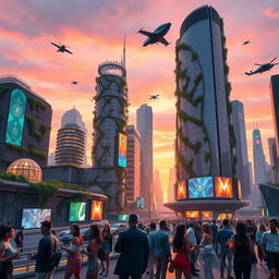 A futuristic cityscape at sunset, showcasing a blend of organic and mechanical architecture