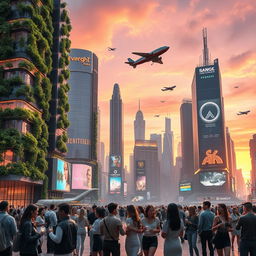 A futuristic cityscape at sunset, showcasing a blend of organic and mechanical architecture