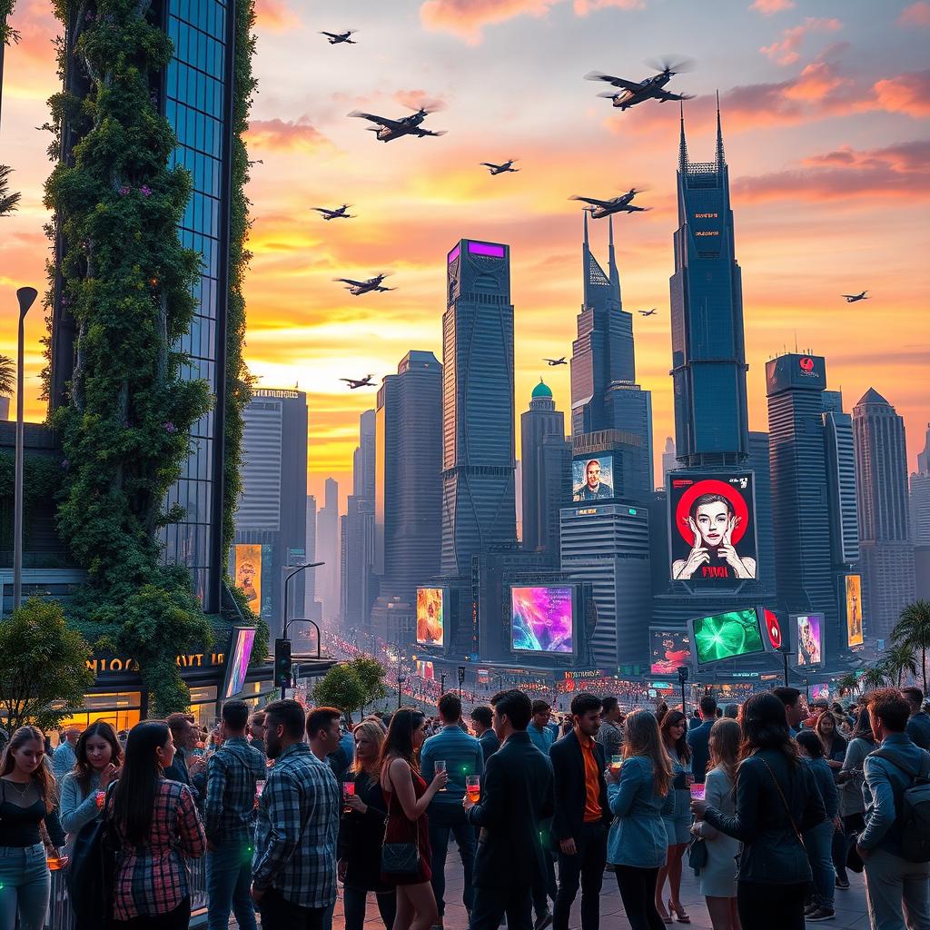 A futuristic cityscape at sunset, showcasing a blend of organic and mechanical architecture